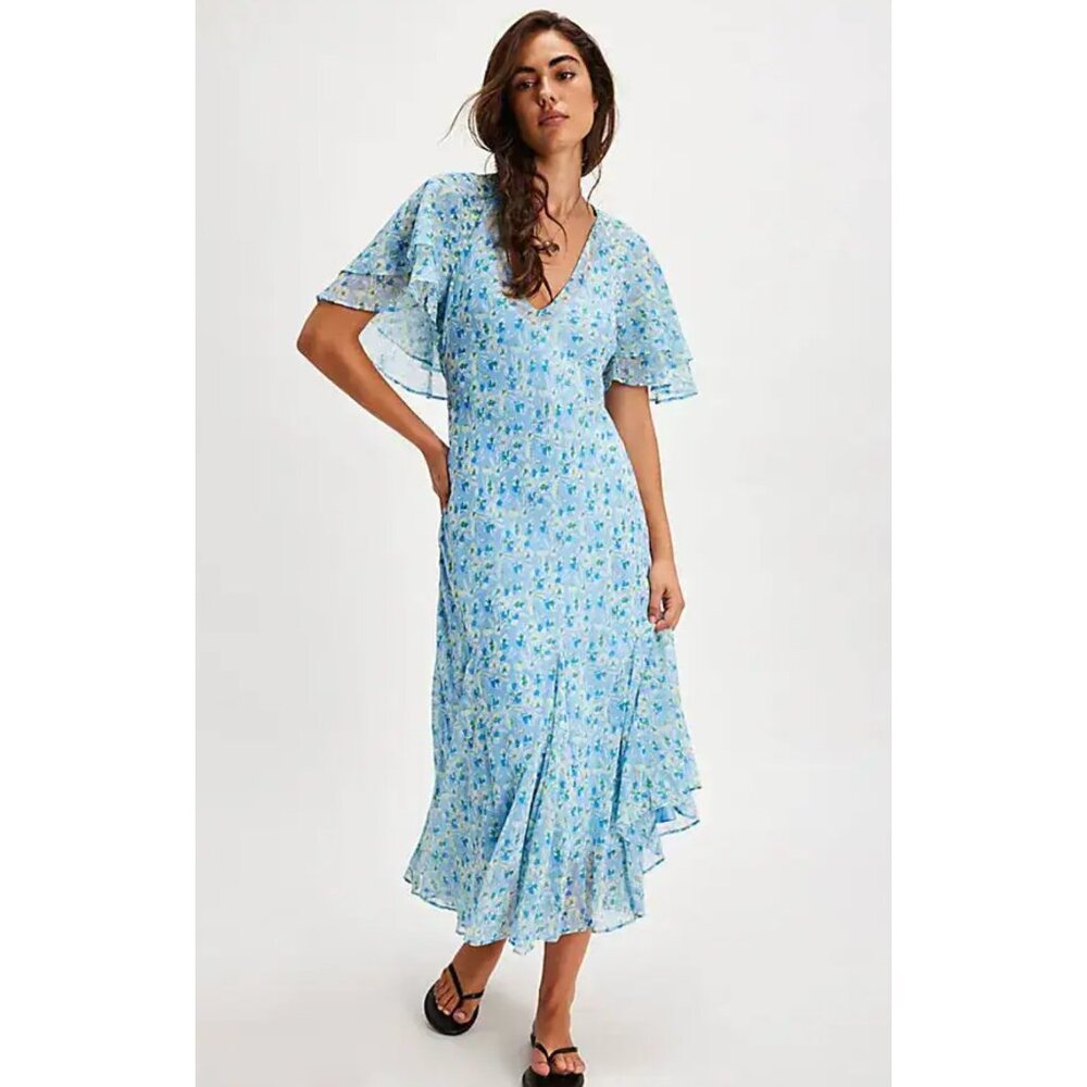 Free People Ruffle Spring Elisandra Midi Maxi Dress Sky Blue Floral NWOT Xsmall